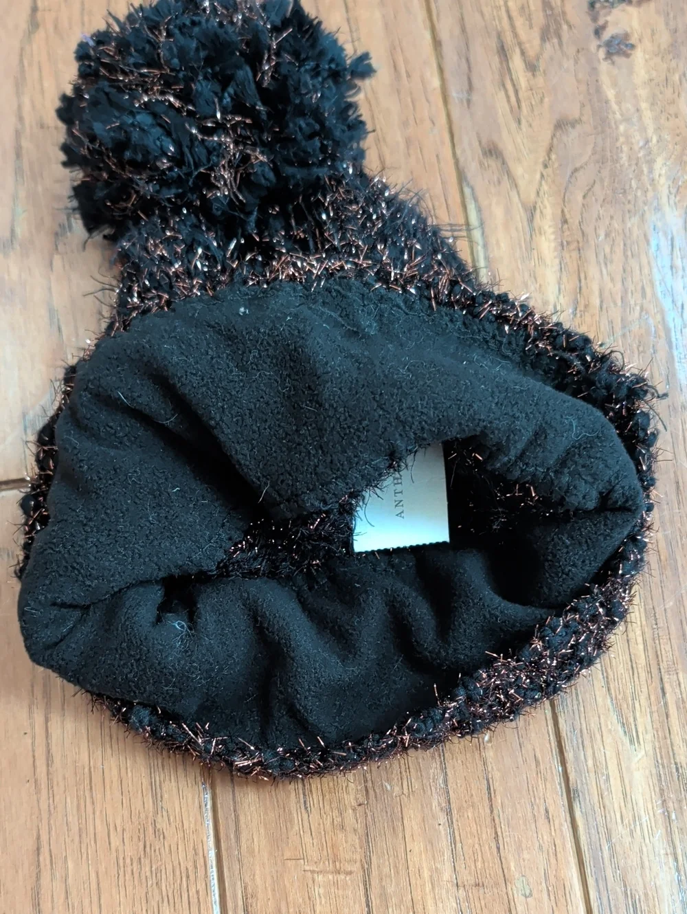 Anthropologie Black Metallic Gold Shimmer Pom Beanie - Women's Winter Hat